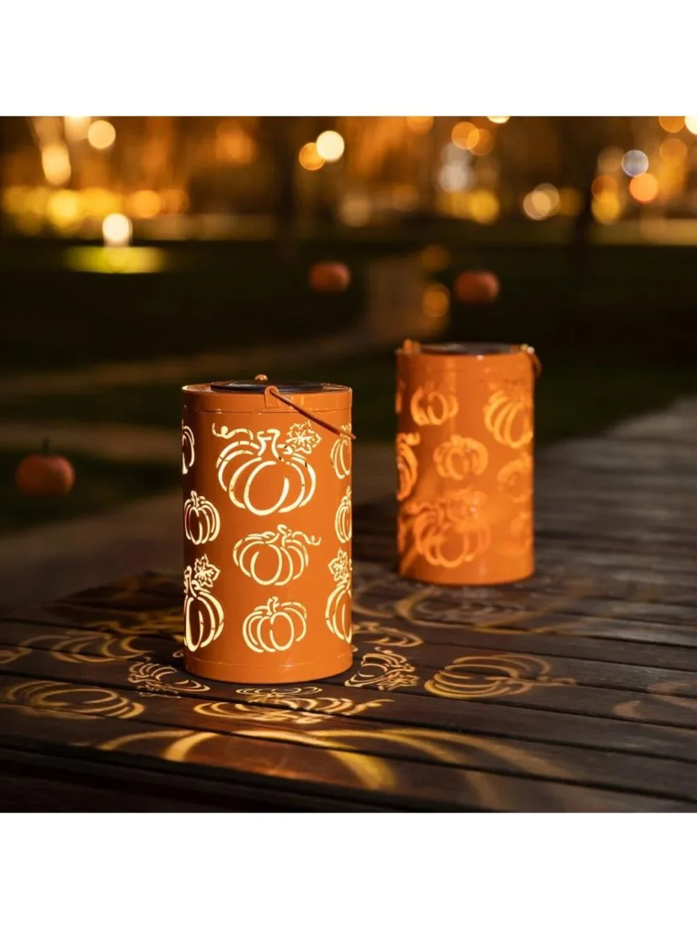 Set of 2 Fall Metal Pumpkin Lanterns - Solar Powered LED Decor for Halloween